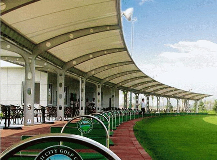 【高尔夫球场膜结构雨棚设计】美观PTFE休闲区张拉膜遮阳蓬定制