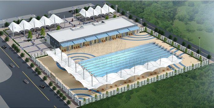 【耐高温游泳馆设计】三伏防辐射膜结构大型游泳池遮阳蓬